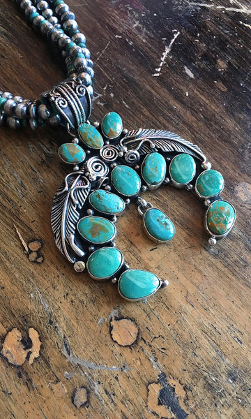 SOUTHWEST CHARMER Navajo Feather Naja Pendant on Silver & Turquoise Pearl Necklace