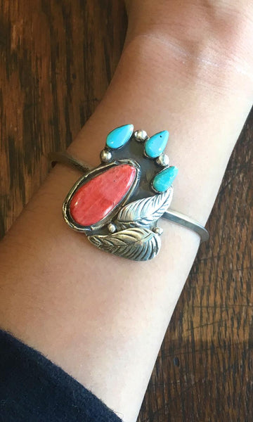 INDIAN SUMMER FB Sterling Silver, Spiny Oyster, and Turquoise Cuff