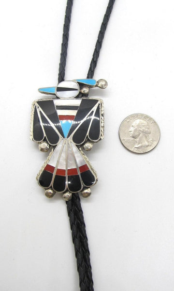 RENEWAL OF LIFE D Cellicion Zuni Peyote Bird Bolo Tie with Sterling Silver and Turquoise Jet Coral & MOP Inlay