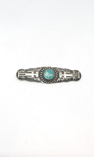 FRED HARVEY ERA 1930s Coin Silver & Turquoise Stamped Bar Brooch