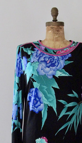 DARK GARDEN 1990s Black Midi Floral Print Silk Jersey Dress, Sz X-Large
