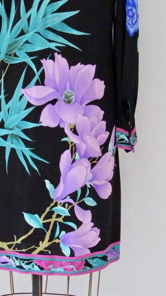 DARK GARDEN 1990s Black Midi Floral Print Silk Jersey Dress, Sz X-Large
