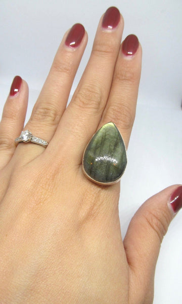 MAGICAL POWERS Chimney Butte Large Teardrop Labradorite Sterling Silver Ring, Size 8 1/4