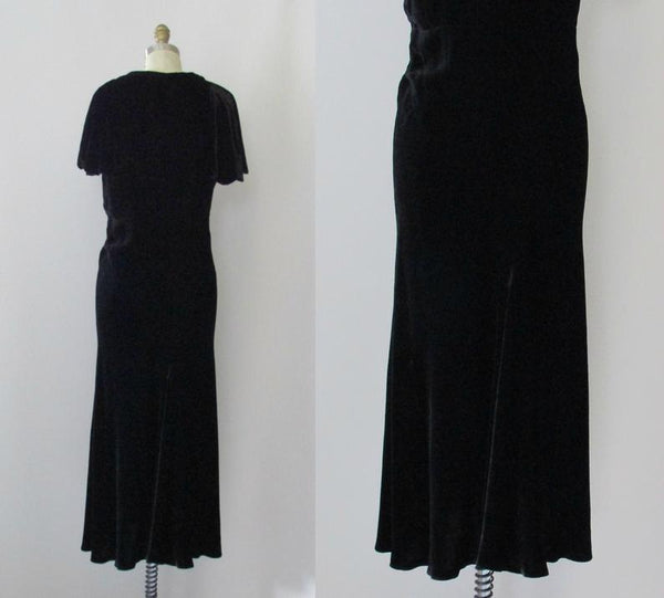 BLACK MAGIC 1930s Silk Velvet Bias Cut Dress w/ Capelet Sleeves, Sz Small