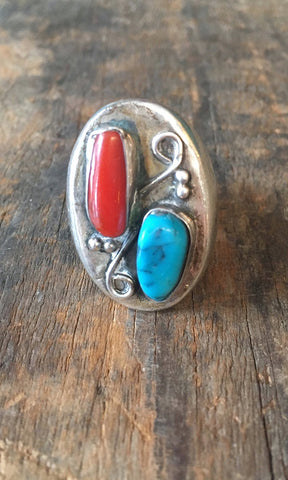 RING TRUE Vintage 70s Sterling Silver Turquoise and Coral Mens Ring, Size 9 1/2