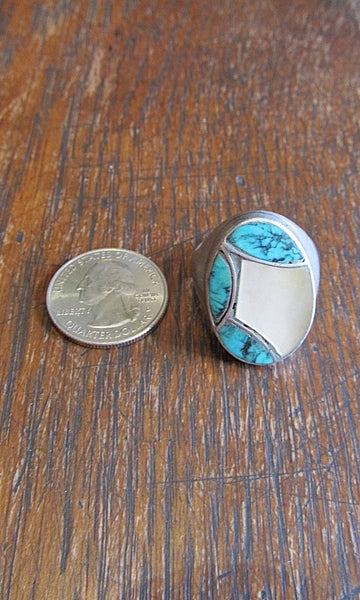 CECIL C LEE Vintage Silver, Turquoise, and Mother of Pearl Mens Ring, Sz 11