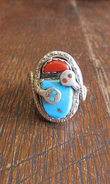 SNAKE CHARMER Zuni Silver, Turquoise, and Coral Chunky Mens Ring, Sz 11 1/4