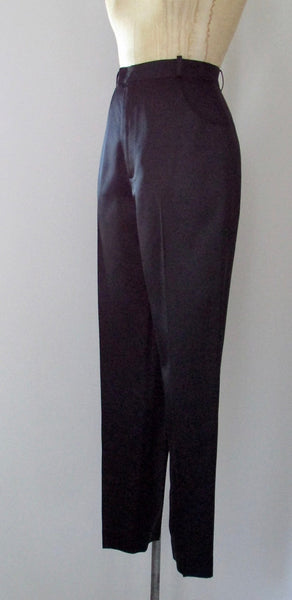 FANCY PANTS 1990s Yves Saint Laurent Rive Gauche Black Silk Satin Slim Cigarette Slacks, Size Medium