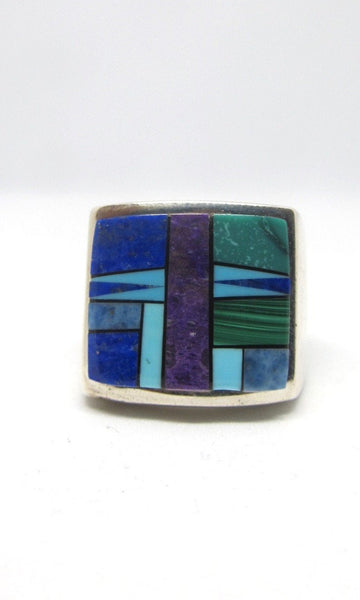 TOUCH OF SANTA FE Massive Mosaic Turquoise, Lapis, Charoite Inlay & Silver Ring, Sz 12.5