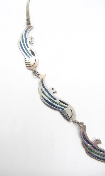 BIRDS OF A FEATHER 1970s Mexican Alpaca Silver, Blue Lapis, & Green Turquoise Inlay Necklace