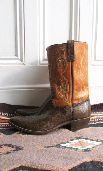 SPREAD YOUR WINGS 1960s Acme Two Tone & Gold Foil Inlay Men's Western Boots, Sz 12
