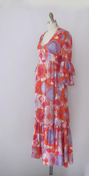GRAPHIC APPEAL 1970s TRAINA Hippie Chic Boutique Maxi Dress, Size Small Medium