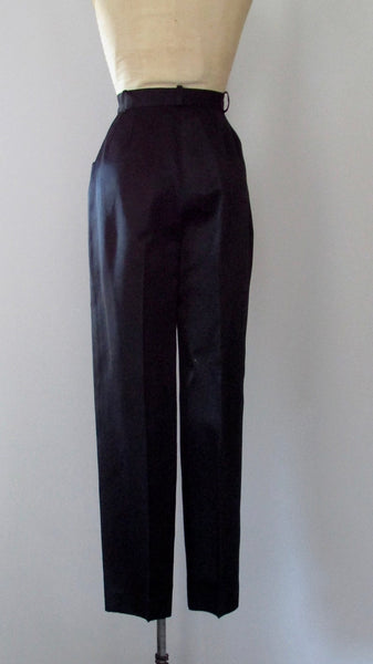 FANCY PANTS 1990s Yves Saint Laurent Rive Gauche Black Silk Satin Slim Cigarette Slacks, Size Medium