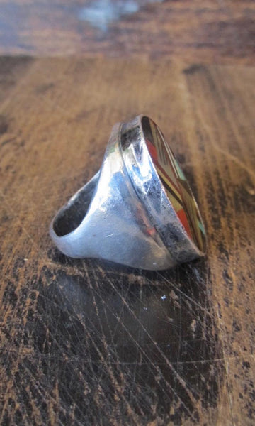 RING A DING Vintage Zuni Turquoise Jet Mother of Pearl & Coral Inlay Mens Ring, Sz 10
