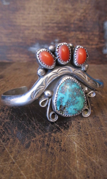 INDIAN SUMMER Silver, Coral, and Turquoise Southwestern Cuff