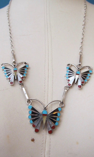 SOCIAL BUTTERFLY Silver Zuni Multi Inlay Butterfly Necklace