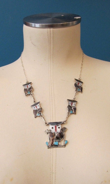 WISE OWL Silver & Multi Inlay Owl Zuni Necklace