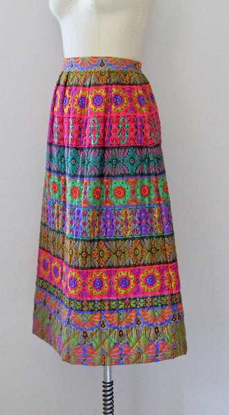 PSYCHEDELIC CHIC 1960s Quilted Acid Floral Print Midi Skirt, Sz Small