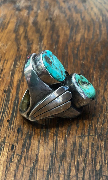GREEN WITH ENVY Vintage Green Turquoise & Silver Double Decker Ring, Sz 10 1/4