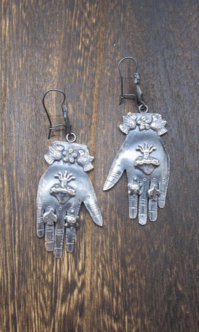HANDS ON Federico Jimenez Mexican Silver Protective Hands Earrings