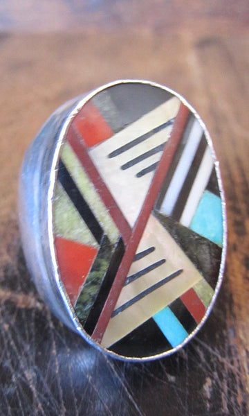 RING A DING Vintage Zuni Turquoise Jet Mother of Pearl & Coral Inlay Mens Ring, Sz 10