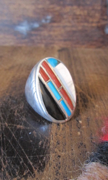 RING A DING Vintage Mens Turquoise Jet, Mother of Pearl, and Coral Ring, Sz 11 1/2