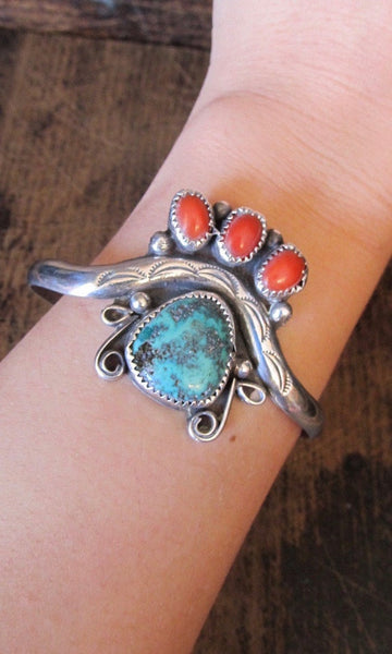 INDIAN SUMMER Silver, Coral, and Turquoise Southwestern Cuff