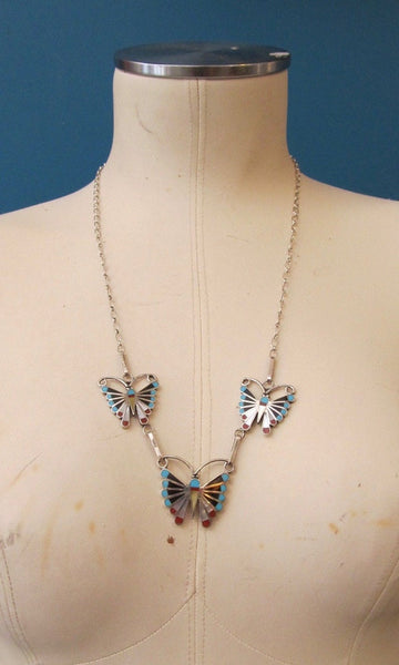 SOCIAL BUTTERFLY Silver Zuni Multi Inlay Butterfly Necklace