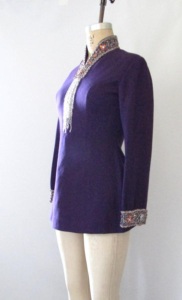 PURPLE REIGN Space Age 60s Double Knit Jeweled Top and Pants Set, Medium