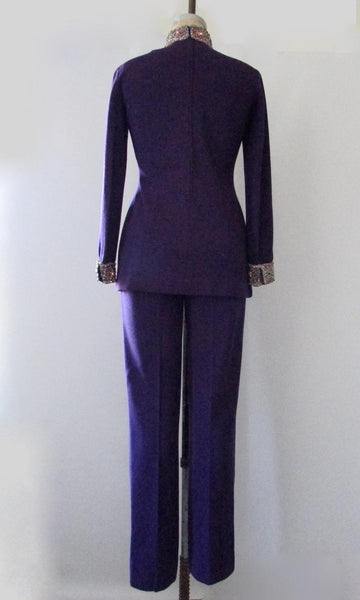 PURPLE REIGN Space Age 60s Double Knit Jeweled Top and Pants Set, Medium