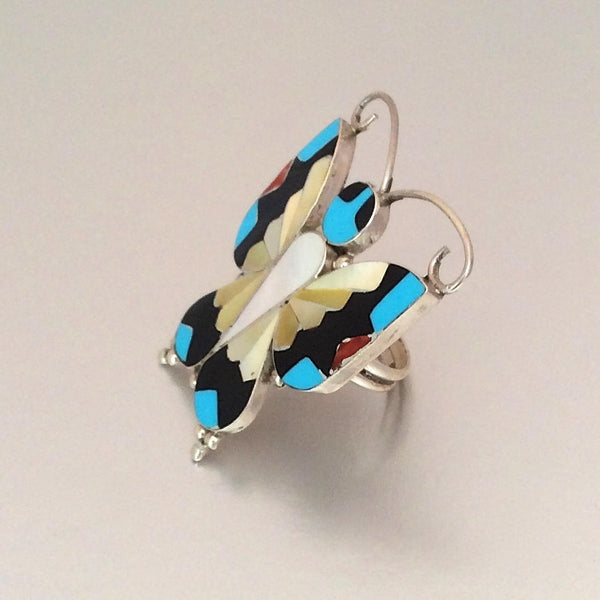 Vintage Style Ring | Butterfly Inlay Ring by Allison Dishta | Sterling Silver | Statement, Native American, Zuni Jewelry, Boho | Size 8.5