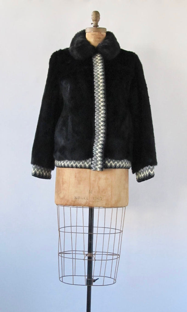 Vintage 60s Lilli Ann Jacket | 1960s Black Faux Fur Coat with Woven Trim | Designer, Glam, Mod, Mad Men | Size Medium