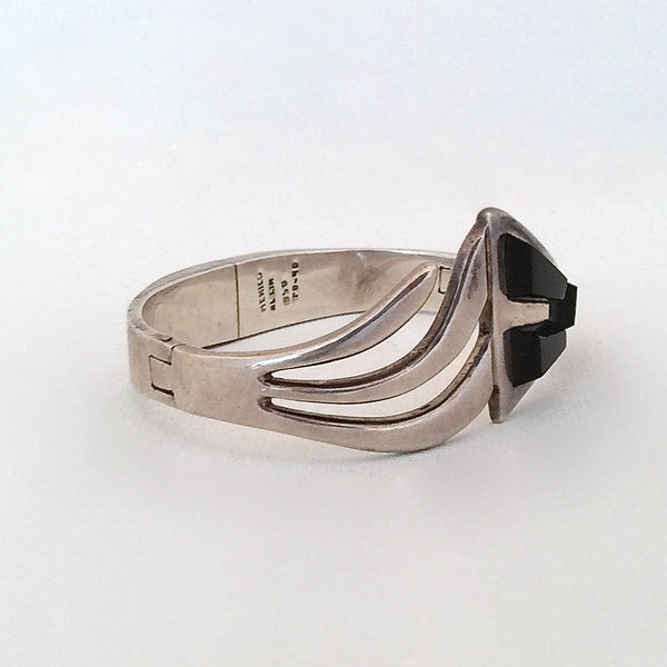 Vintage 70s Bracelet | 1970s Silver and Onyx Closed Cuff | Made in Mexico | 950 Silver | Mexican Arts and Crafts, Hippie, Folk