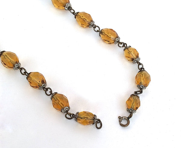 Vintage 30s Necklace | 1930s Czechoslovakian Amber Glass Faceted Beads | Czech Crystal & Brass | 20s 1920's Cocktail Jewelry Art Deco Gatsby