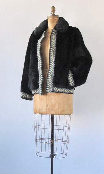 Vintage 60s Lilli Ann Jacket | 1960s Black Faux Fur Coat with Woven Trim | Designer, Glam, Mod, Mad Men | Size Medium
