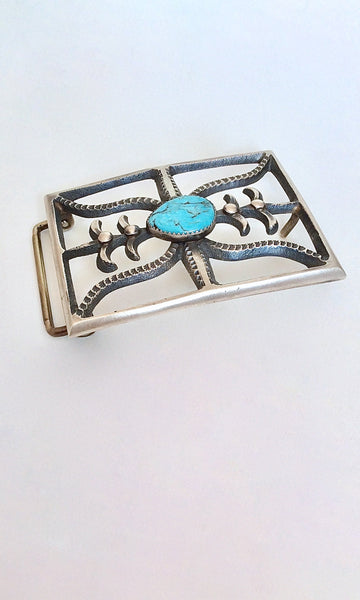 BUCKLE UP Navajo Sand Cast Silver & Turquoise Belt Buckle by Martha Cayatinto MC