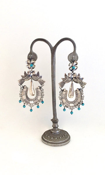 CHANNEL YOUR INNER FRIDA Silver and Turquoise Love Bird Chandelier Earrings