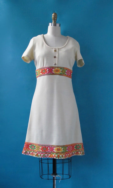 FASHIONABLE FOLK 1960s Double Knit A Line Floral Embroidery Dress, Sz Small/ Med