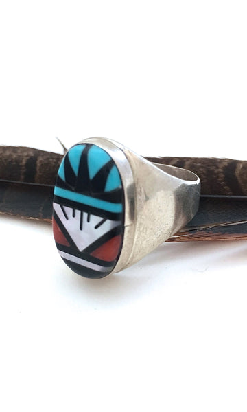 ZUNI Turquoise, Jet, Mother of Pearl, & Coral Ring by Larry Leslie, Sz 12