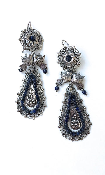 LOVEBIRDS Mexican Silver & Lapis Chandelier Earrings