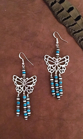 BUTTERFLY EFFECT Butterfly Silver & Turquoise Bead Fringe Earrings