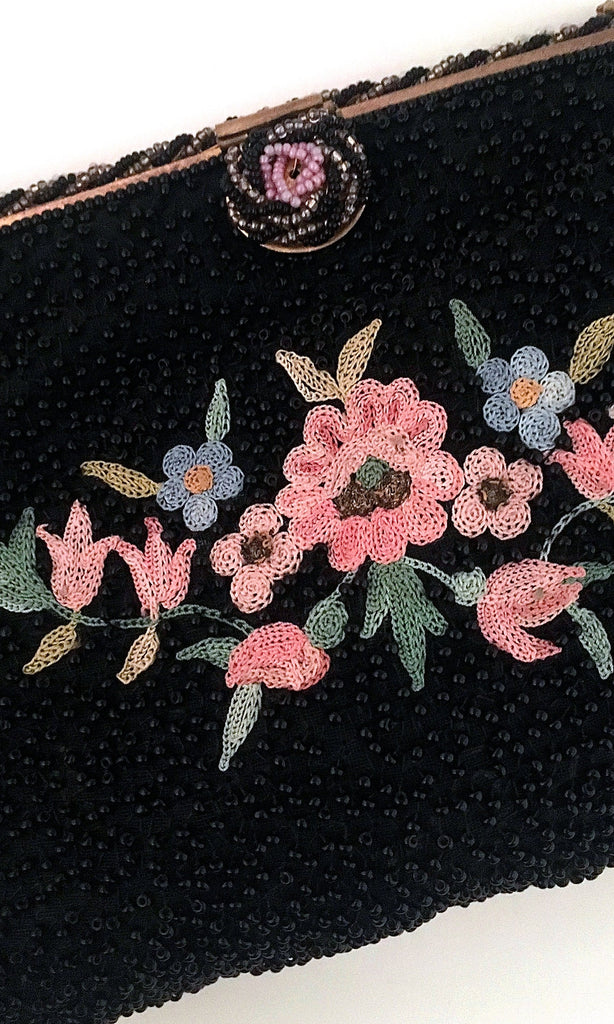 Vintage 50s Black Embroidered and Beaded Purse