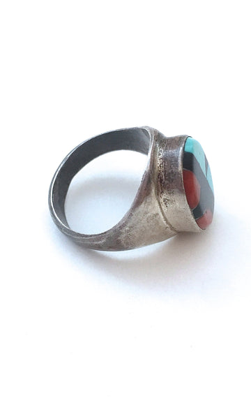 RING AROUND Vintage Turquoise, Jet & Coral Inlay Ring, Sz 11