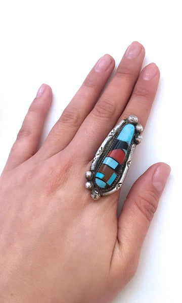 ABSTRACT MOSAIC 1960s Large Silver Mosaic Statement Ring, Sz 9