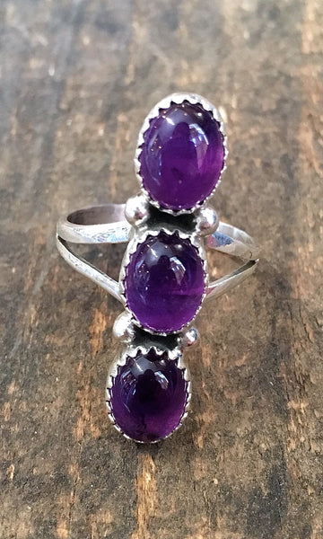 GRAPE EXPECTATIONS Triple Purple Amethyst & Sterling Silver Navajo Ring, SZ 8, 9, 10