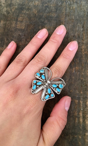 BUTTERFLY EFFECT Navajo Silver & Turquoise Cluster Ring | Size 9