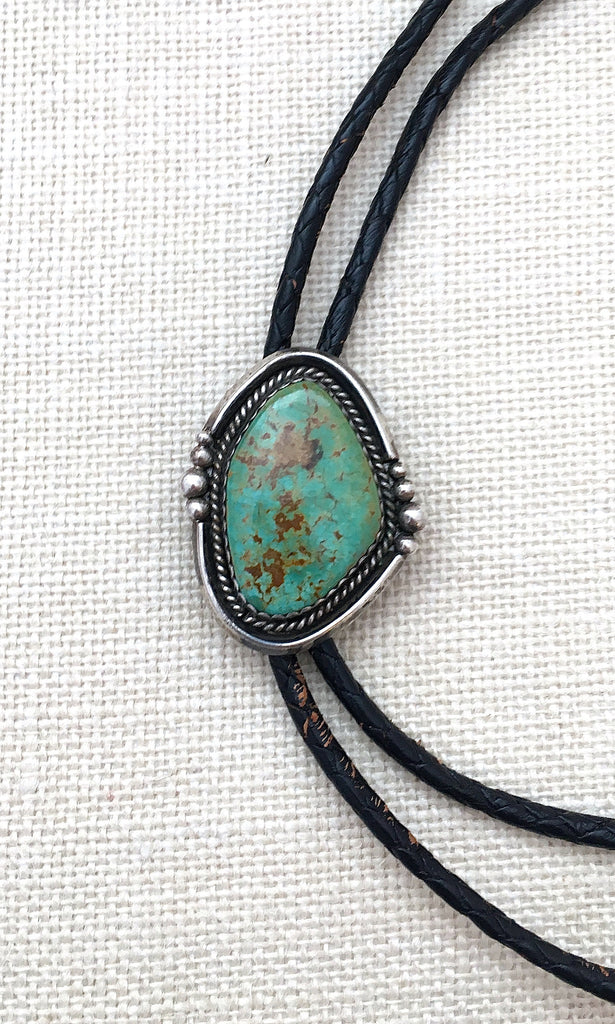 SOUTH BY SOUTHWEST Vintage Silver & Turquoise Bolo Tie with Leather Cord