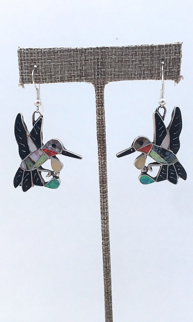 HUMMING ALONG Silver, Jet, Abalone, & Mother of Pearl Hummingbird Earrings