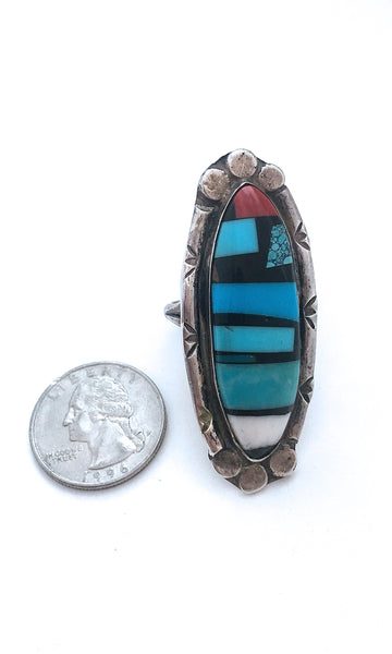 RING IT ON 1970s Large Silver Ring w/ Turquoise Onyx & Coral Inlay, Sz 10 1/2
