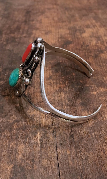 DOUBLE DECKER Coral, Turquoise, and Sterling Silver Cuff